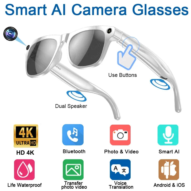 Lenovo 4K HD AI Smart Glasses 800w Pixel Multifunctional Camera Bluetooth Call Voice Assistant Music Player Smart Translation