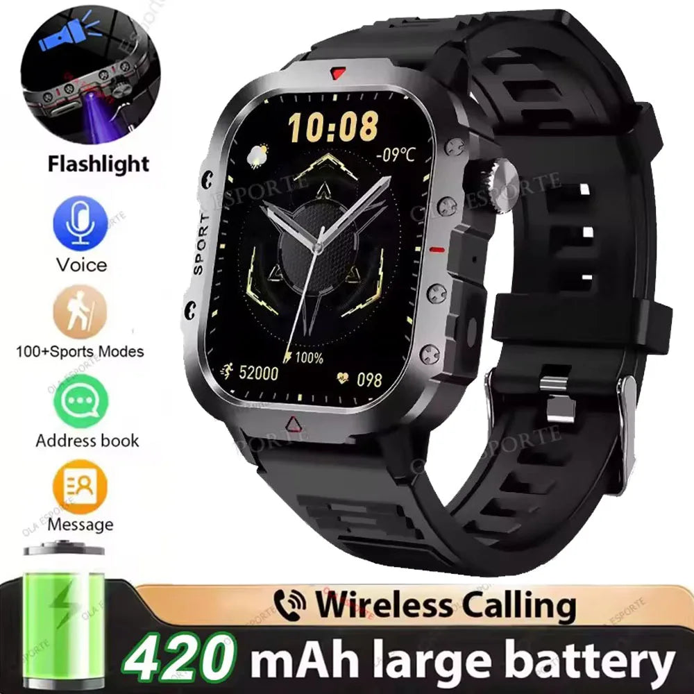 Rugged Military Outdoor Sports Smart Watch Health Monitoring Voice Assistant Bluetooth Call LED Flashlight NEW Smartwatch MA27