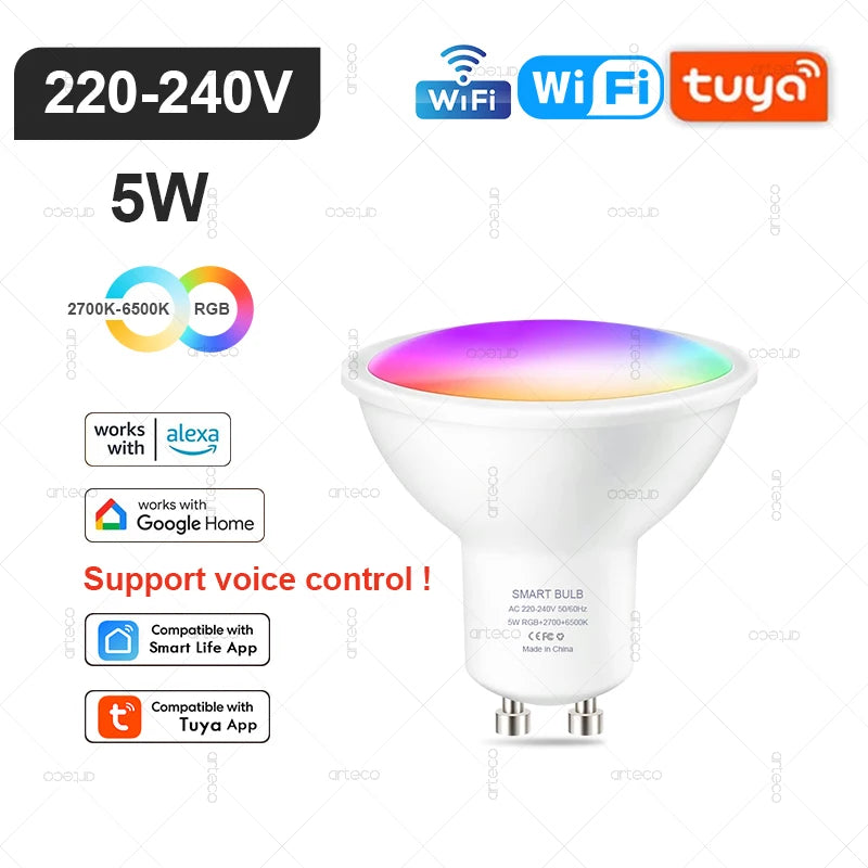 E27 E14 GU10 Bulb WIFI Zigbee Bluetooth,Dimmable Smart LED Lamp 2700-6500K RGB,LED Light Bulb Work With Alexa Amazon Google
