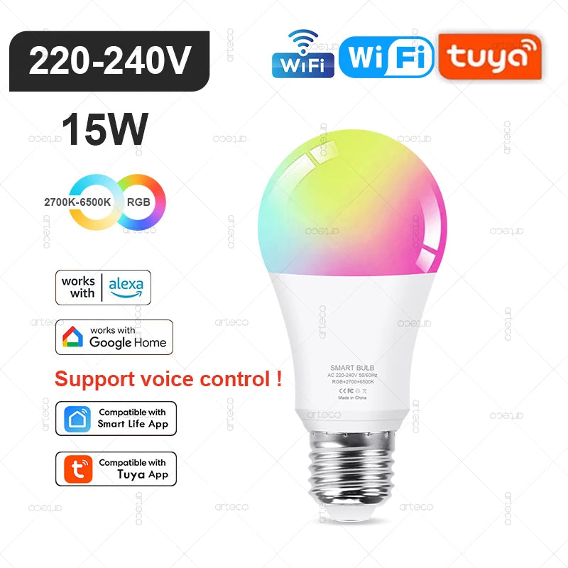 E27 E14 GU10 Bulb WIFI Zigbee Bluetooth,Dimmable Smart LED Lamp 2700-6500K RGB,LED Light Bulb Work With Alexa Amazon Google