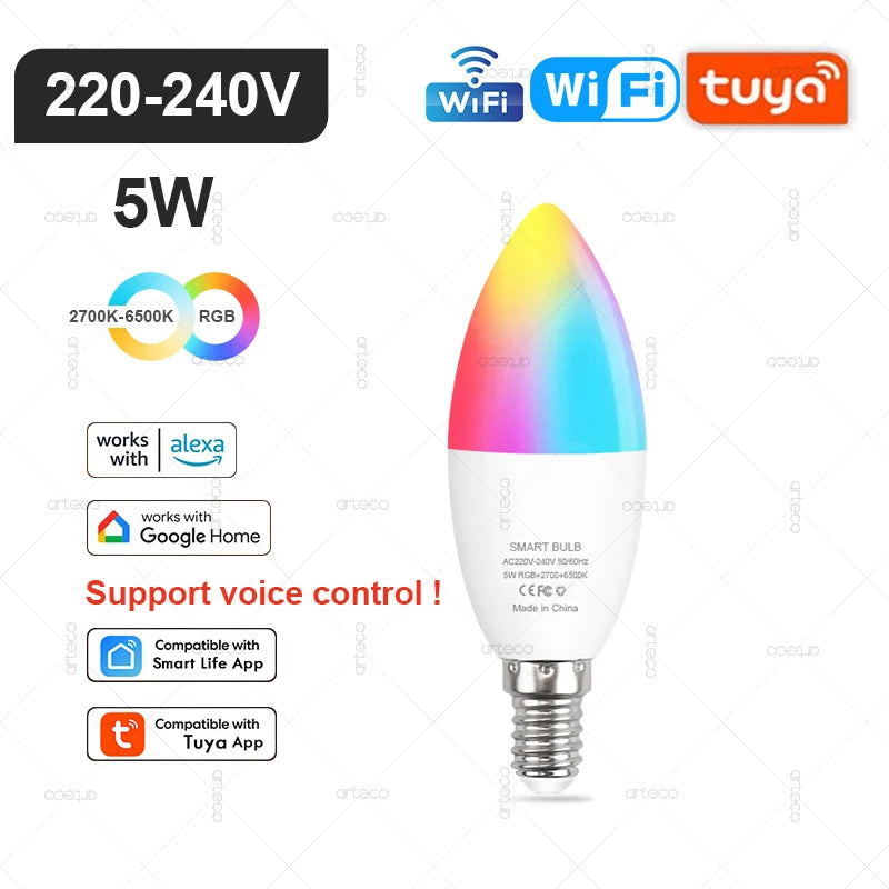 E27 E14 GU10 Bulb WIFI Zigbee Bluetooth,Dimmable Smart LED Lamp 2700-6500K RGB,LED Light Bulb Work With Alexa Amazon Google