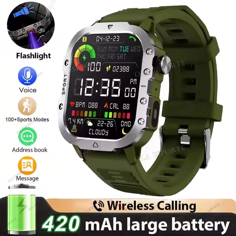 Rugged Military Outdoor Sports Smart Watch Health Monitoring Voice Assistant Bluetooth Call LED Flashlight NEW Smartwatch MA27