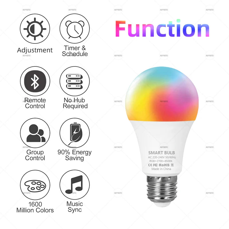 Bluetooth LED Bulb Dimmable 15W 18W E27 B22 220V RGBCW Color Change Lamps  Smart Life APP Group Control Music Rhythm Timing
