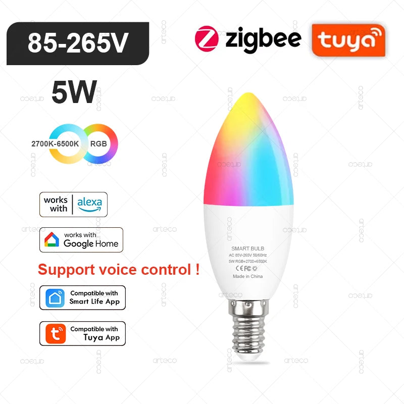 E27 E14 GU10 Bulb WIFI Zigbee Bluetooth,Dimmable Smart LED Lamp 2700-6500K RGB,LED Light Bulb Work With Alexa Amazon Google