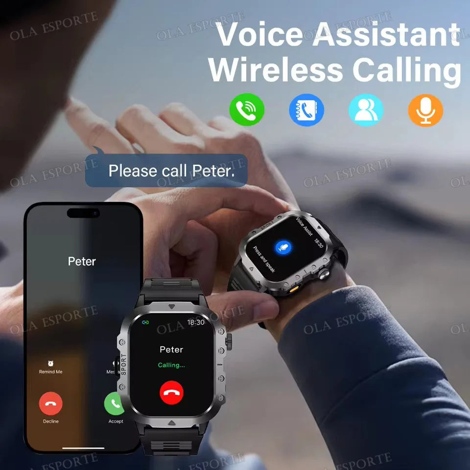 Rugged Military Outdoor Sports Smart Watch Health Monitoring Voice Assistant Bluetooth Call LED Flashlight NEW Smartwatch MA27