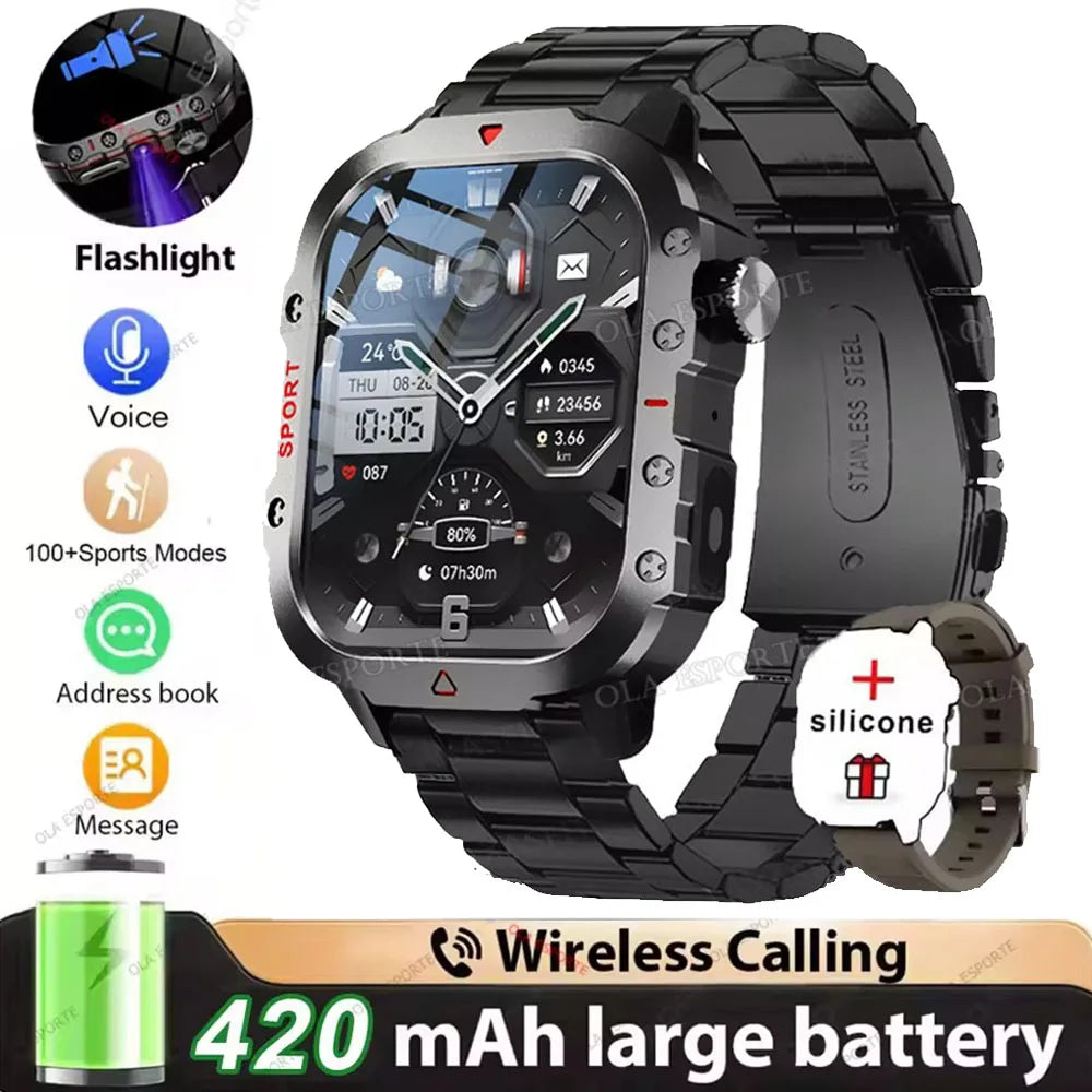 Rugged Military Outdoor Sports Smart Watch Health Monitoring Voice Assistant Bluetooth Call LED Flashlight NEW Smartwatch MA27