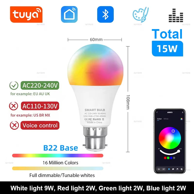 Bluetooth LED Bulb Dimmable 15W 18W E27 B22 220V RGBCW Color Change Lamps  Smart Life APP Group Control Music Rhythm Timing