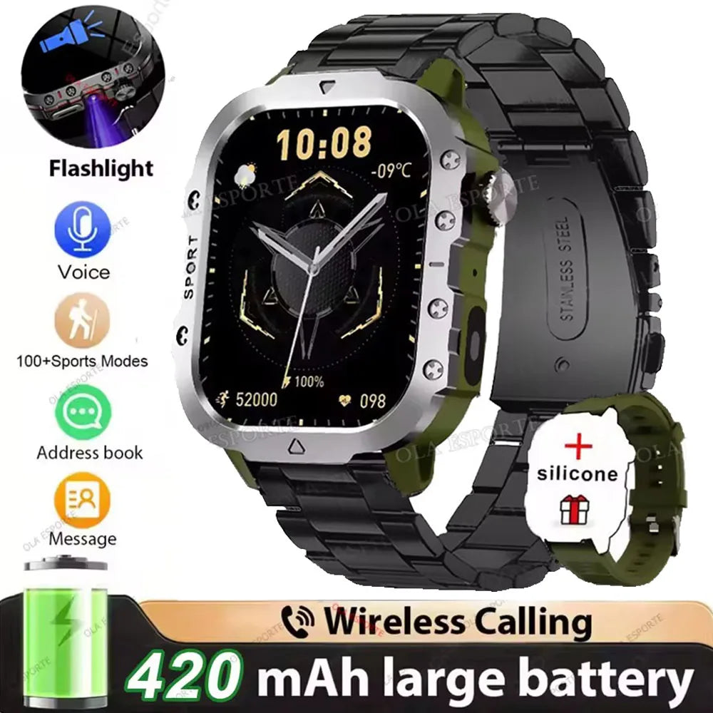 Rugged Military Outdoor Sports Smart Watch Health Monitoring Voice Assistant Bluetooth Call LED Flashlight NEW Smartwatch MA27