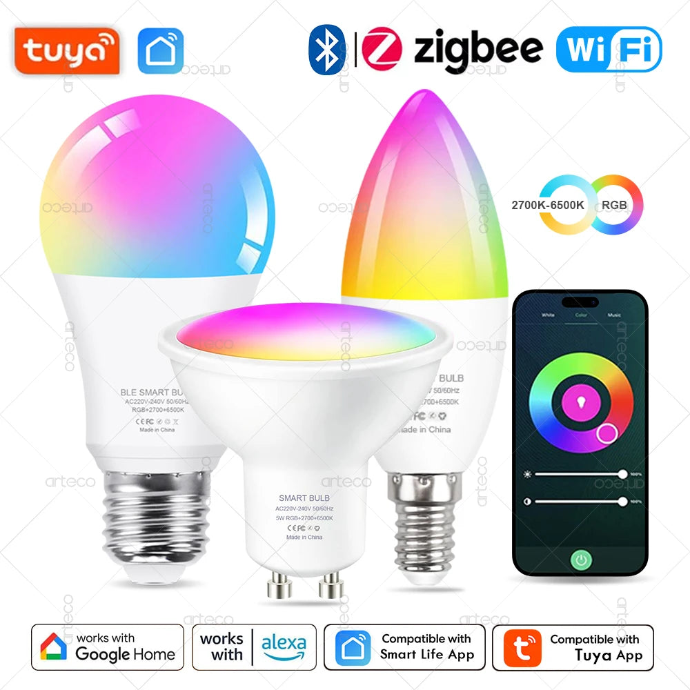 E27 E14 GU10 Bulb WIFI Zigbee Bluetooth,Dimmable Smart LED Lamp 2700-6500K RGB,LED Light Bulb Work With Alexa Amazon Google