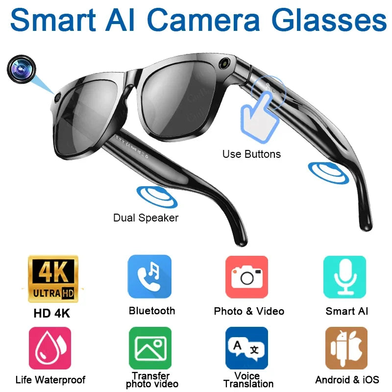 Lenovo 4K HD AI Smart Glasses 800w Pixel Multifunctional Camera Bluetooth Call Voice Assistant Music Player Smart Translation