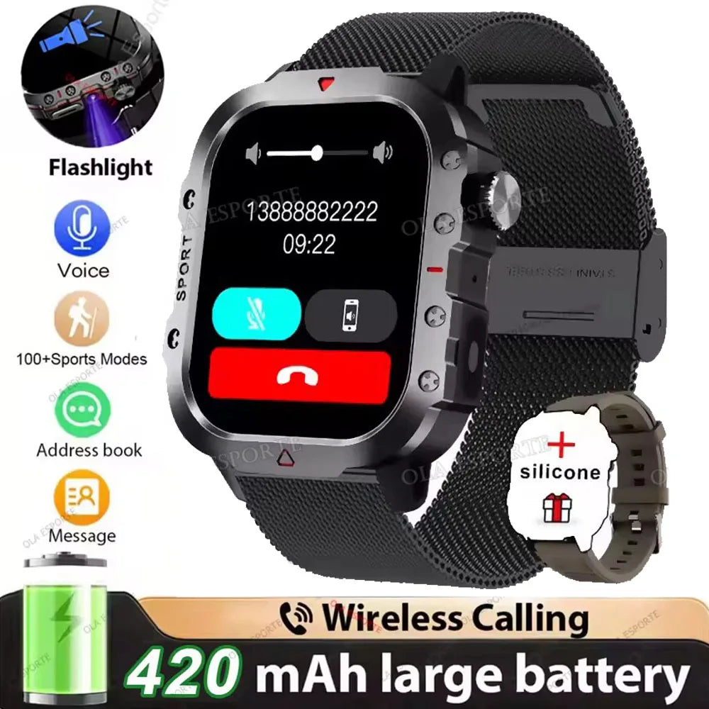 Rugged Military Outdoor Sports Smart Watch Health Monitoring Voice Assistant Bluetooth Call LED Flashlight NEW Smartwatch MA27