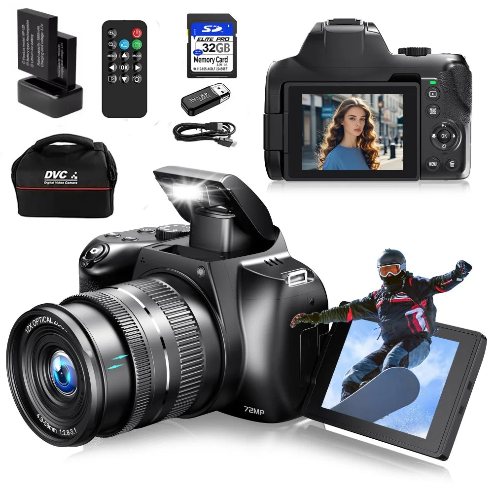 12X Optical Zoom 72MP DSLR Camera 270° Rotative Flip Screen Digital Ph ...