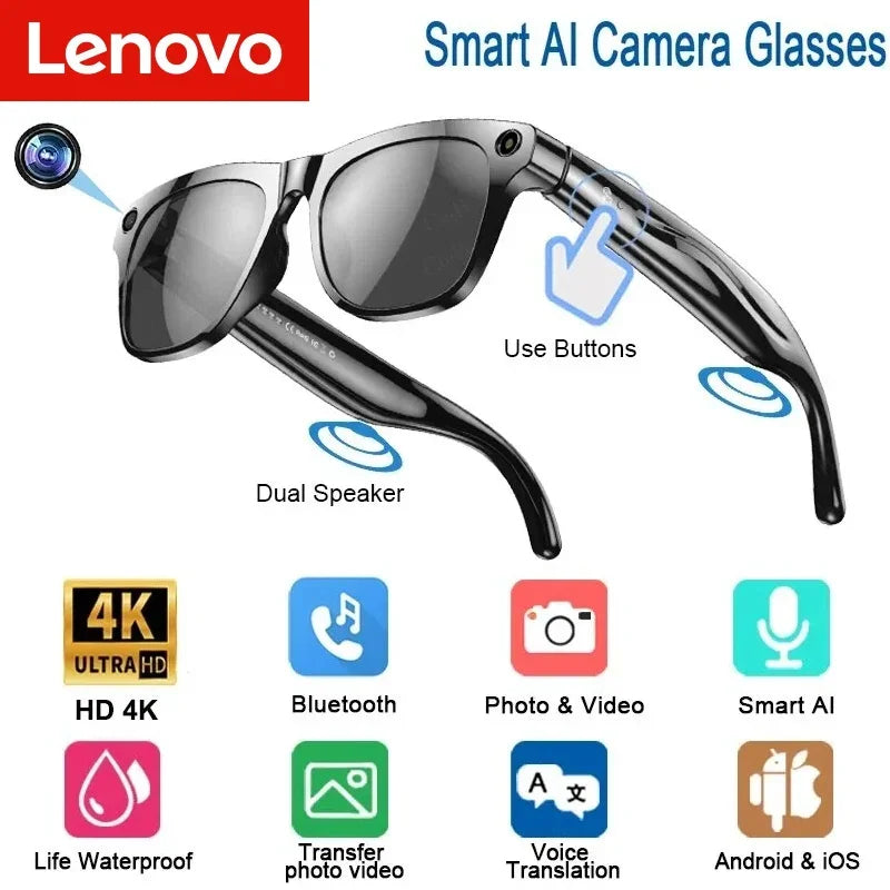 Lenovo 4K HD AI Smart Glasses 800w Pixel Multifunctional Camera Bluetooth Call Voice Assistant Music Player Smart Translation