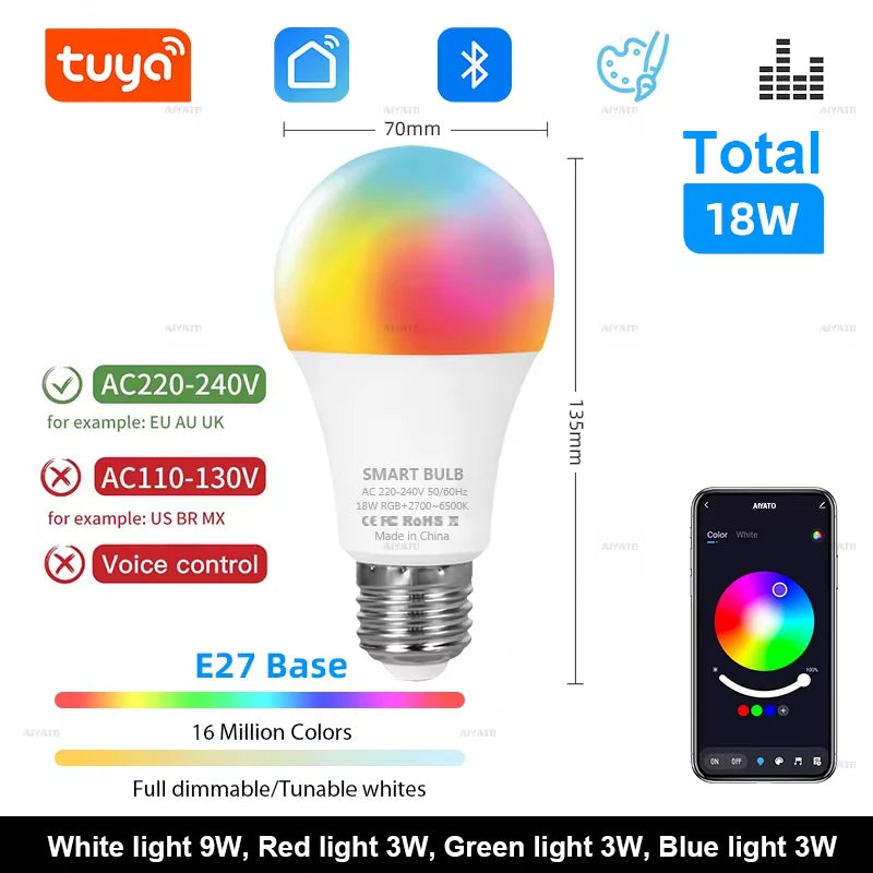 Bluetooth LED Bulb Dimmable 15W 18W E27 B22 220V RGBCW Color Change Lamps  Smart Life APP Group Control Music Rhythm Timing