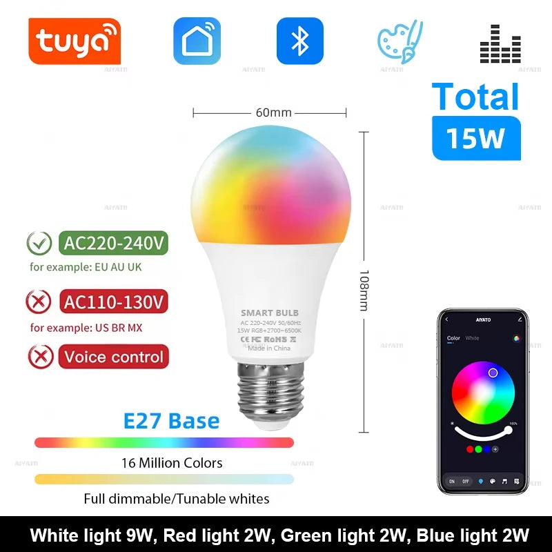 Bluetooth LED Bulb Dimmable 15W 18W E27 B22 220V RGBCW Color Change Lamps  Smart Life APP Group Control Music Rhythm Timing