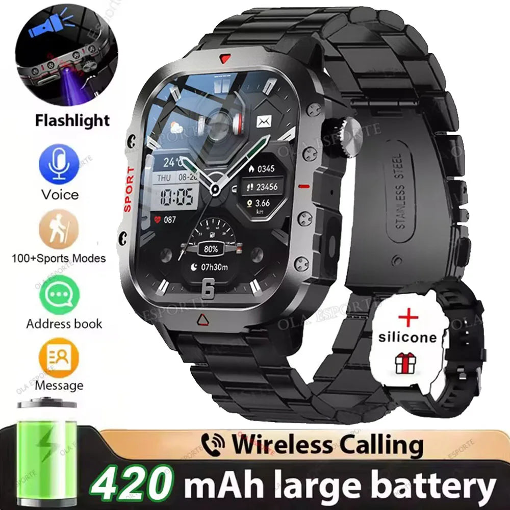 Rugged Military Outdoor Sports Smart Watch Health Monitoring Voice Assistant Bluetooth Call LED Flashlight NEW Smartwatch MA27