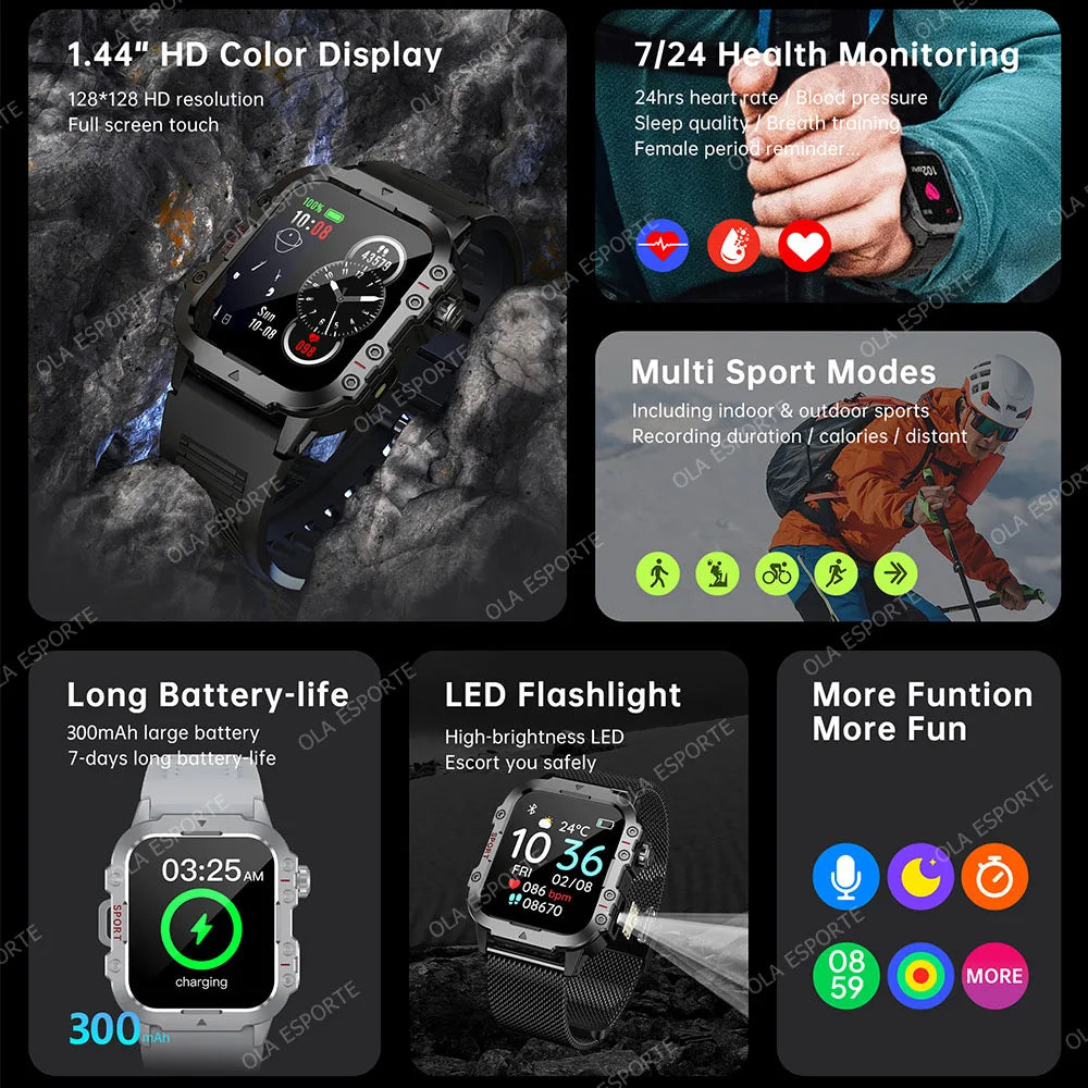 New Men's Smart Watch LED Flashlight Outdoor Sports Smart Watch Wristwatch Health Monitoring 1.44Inch Bluetooth Call Smart Watch