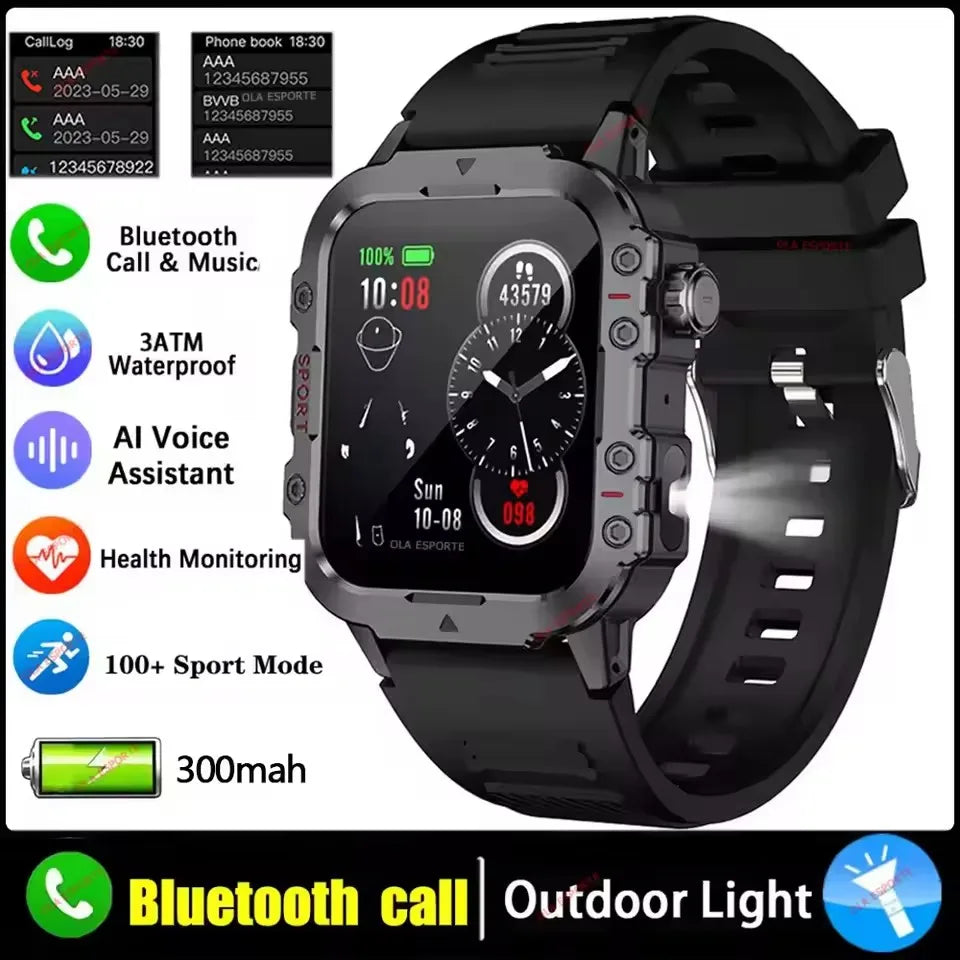 Rugged Military Outdoor Sports Smart Watch Health Monitoring Voice Assistant Bluetooth Call LED Flashlight NEW Smartwatch MA27