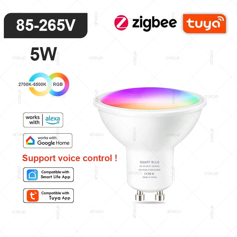 E27 E14 GU10 Bulb WIFI Zigbee Bluetooth,Dimmable Smart LED Lamp 2700-6500K RGB,LED Light Bulb Work With Alexa Amazon Google