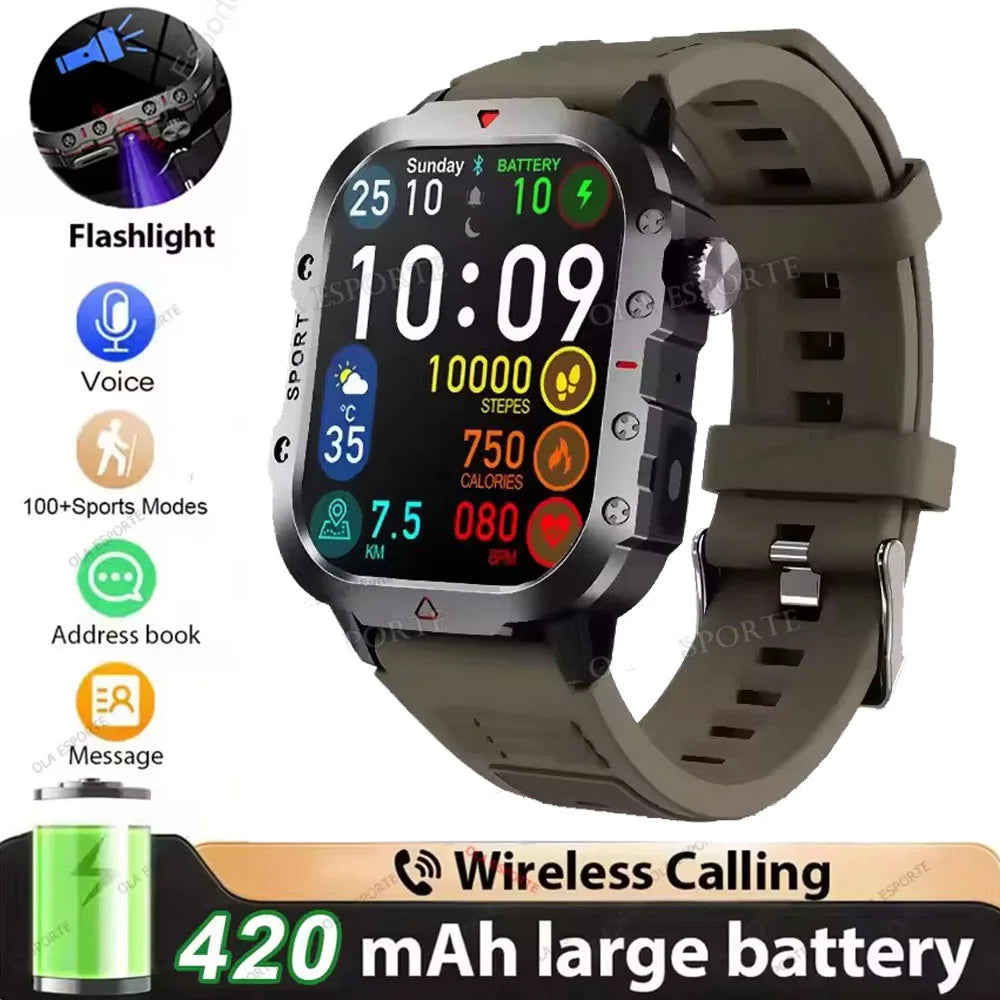 Rugged Military Outdoor Sports Smart Watch Health Monitoring Voice Assistant Bluetooth Call LED Flashlight NEW Smartwatch MA27